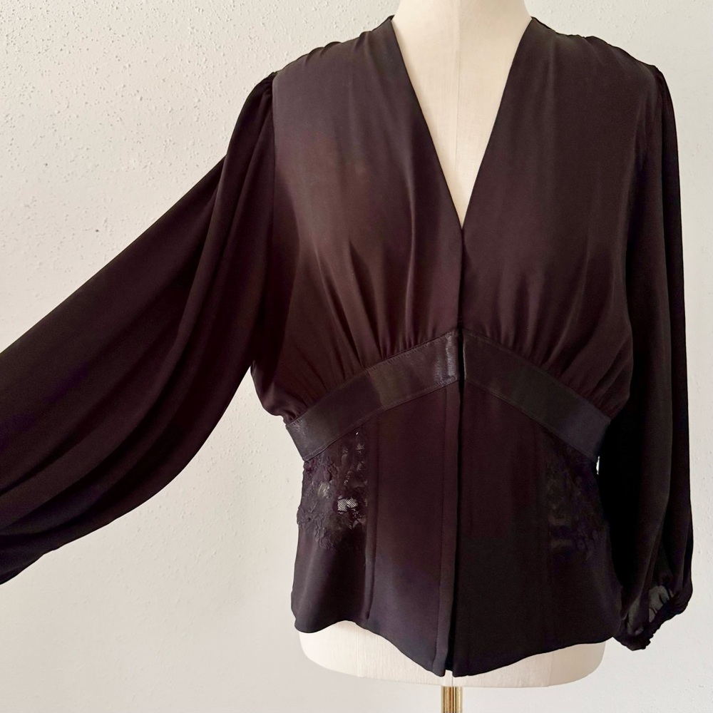 WHBM Elbow-Sleeve Corset Blouse Women's sz 10 Large Black Billow Lace Top Shirt